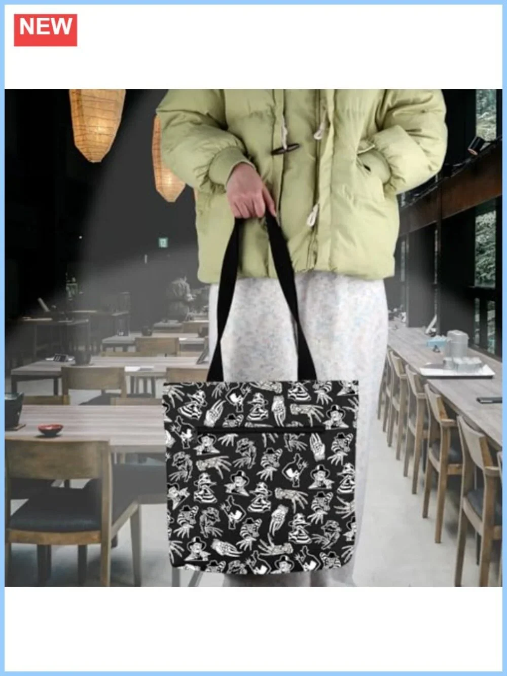Horror Movie Character Cotton Canvas Tote Bag with Zipper Pockets